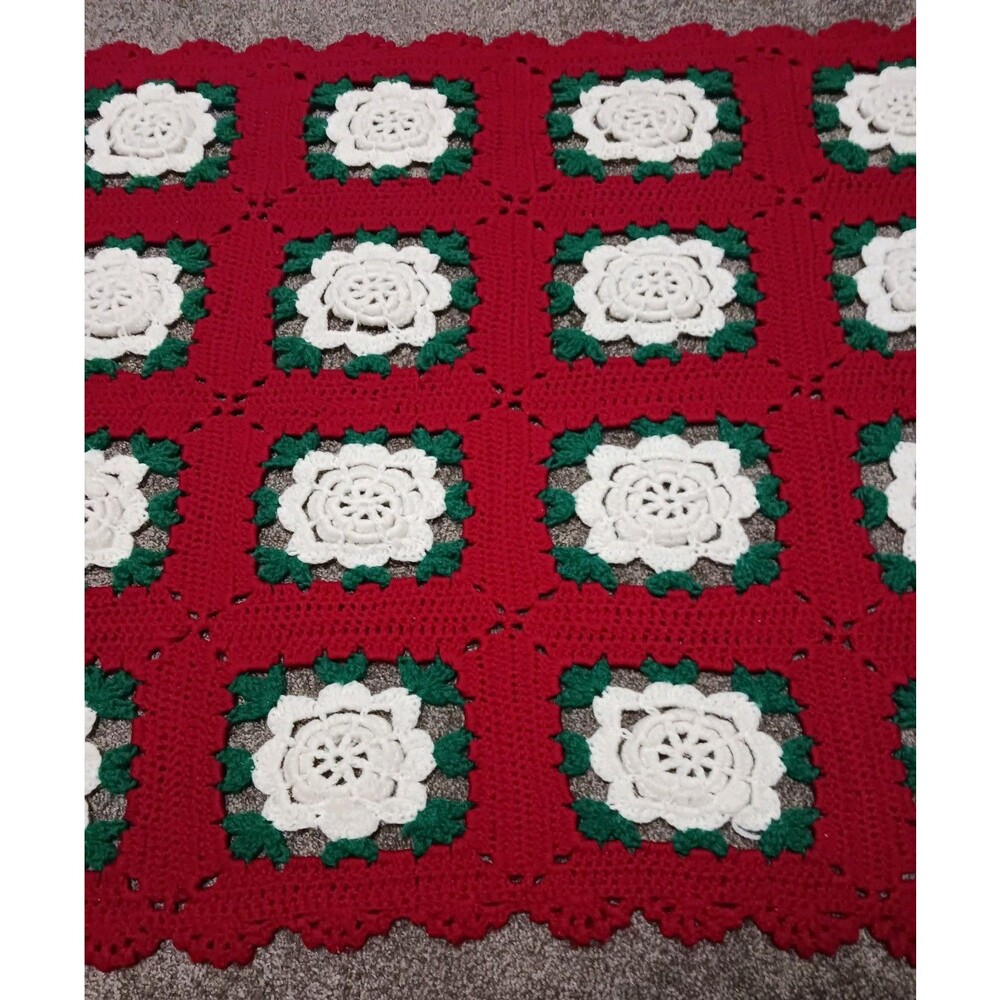 VTG Hand Made Crochet 3D Flower Afghan Throw Blanket 34"X78" Granny Square Roses - Picture 4 of 5
